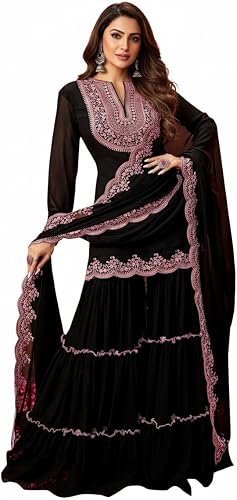 Women's Georgette Embroidery work Kurta Sharara Set with Dupatta