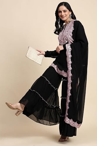 Women's Georgette Embroidery work Kurta Sharara Set with Dupatta