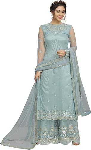 TRENDMALLS Women's Net Embroidery Work Kurta Palazzo Dupatta Set