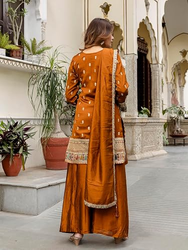 Women's Art Silk Embroidery Work Kurta Palazzo with Dupatta