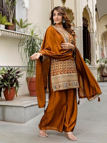 Women's Art Silk Embroidery Work Kurta Palazzo with Dupatta