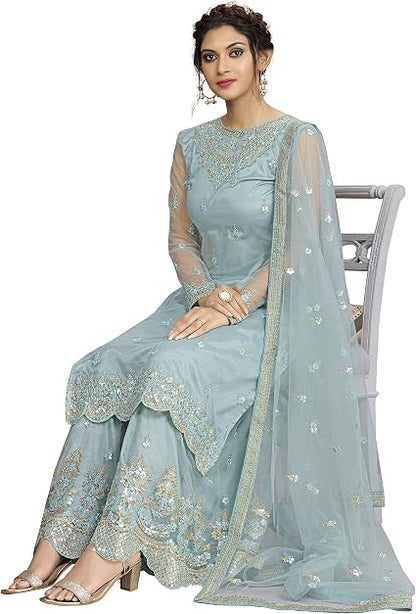 TRENDMALLS Women's Net Embroidery Work Kurta Palazzo Dupatta Set