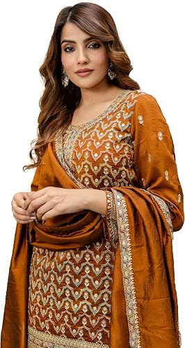 Women's Art Silk Embroidery Work Kurta Palazzo with Dupatta