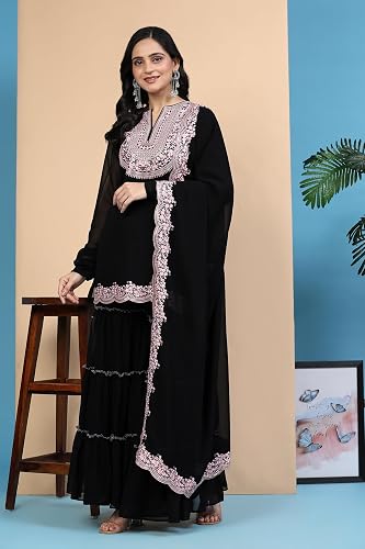 Women's Georgette Embroidery work Kurta Sharara Set with Dupatta