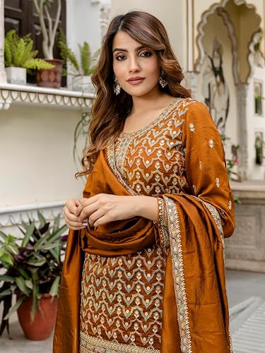 Women's Art Silk Embroidery Work Kurta Palazzo with Dupatta