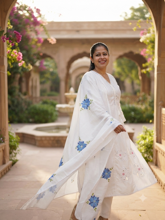 White Blue Floral Cotton Suit Set