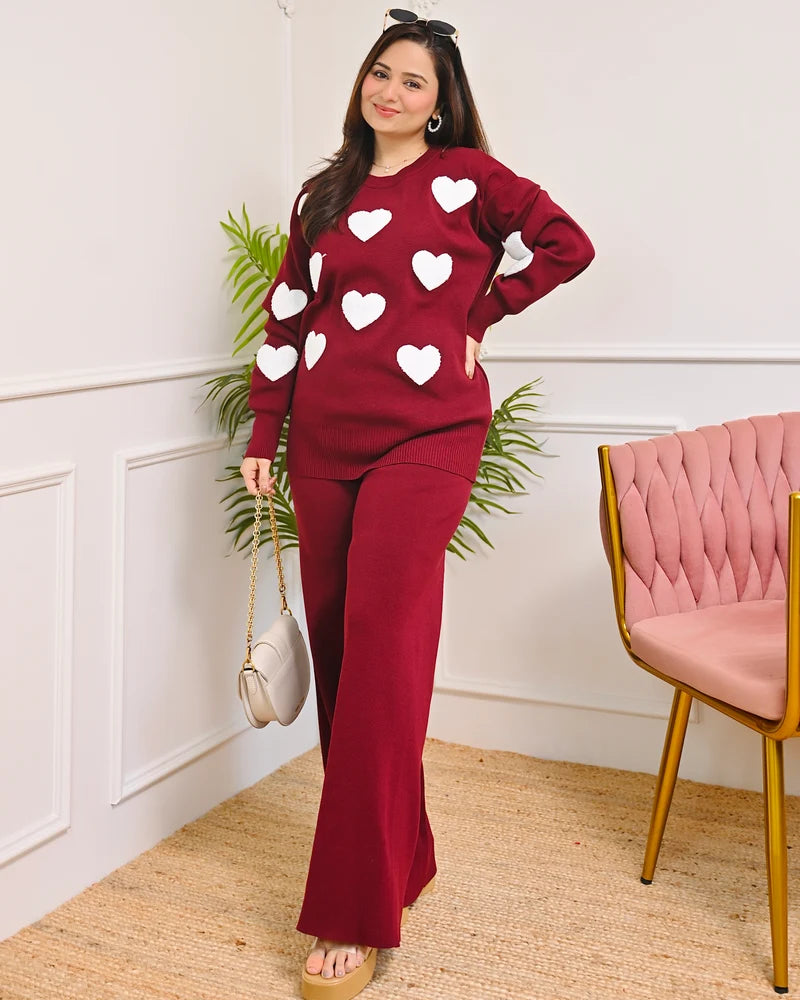 Maroon Heart Winter Airport Co-ord Set