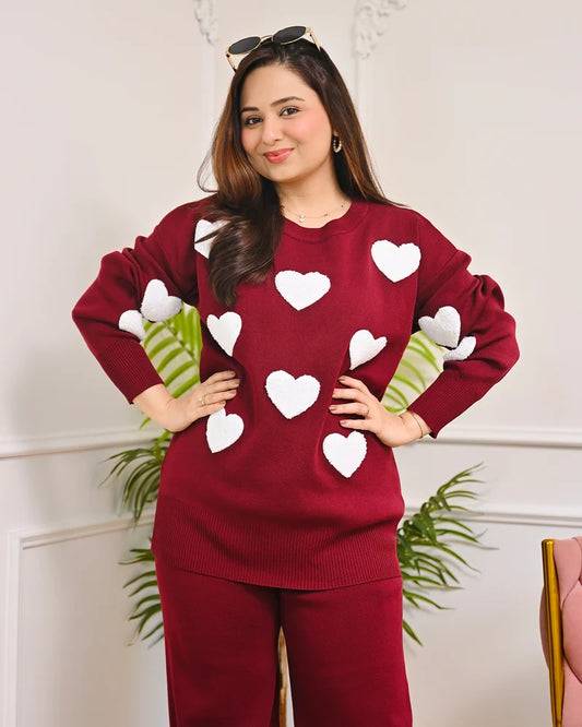 Maroon Heart Winter Airport Co-ord Set