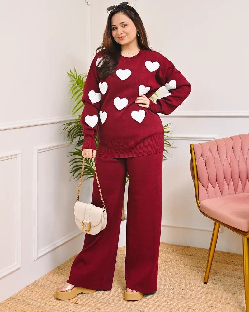 Maroon Heart Winter Airport Co-ord Set