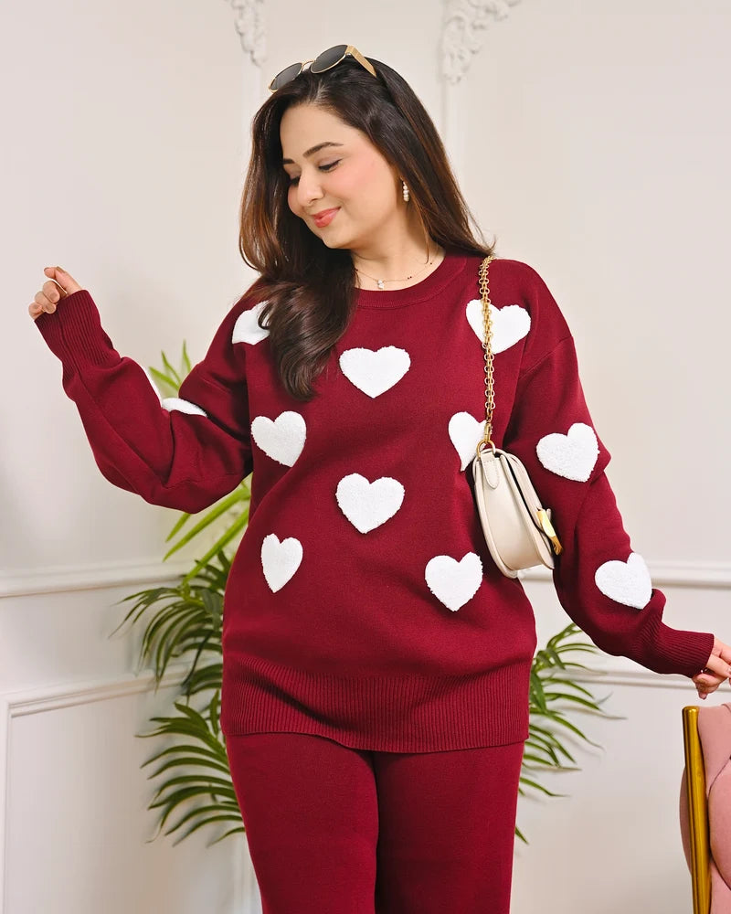 Maroon Heart Winter Airport Co-ord Set