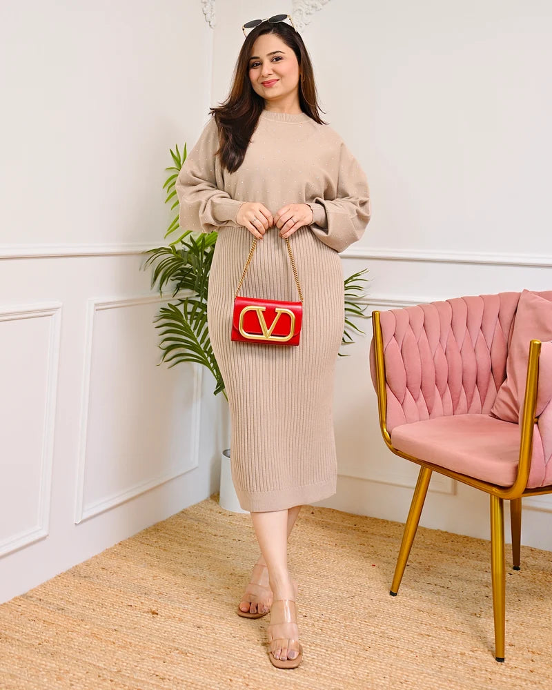 Vanilla Latte Winter Woollen Midi Dress