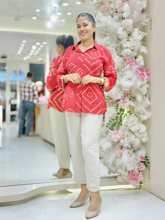 Crimson Red Crepe Printed Shirt for Women