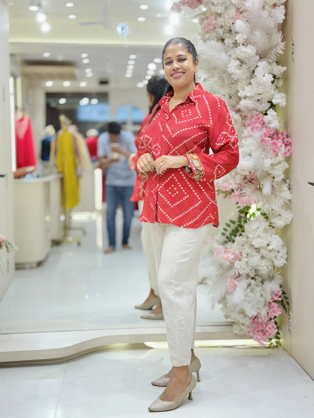 Crimson Red Crepe Printed Shirt for Women