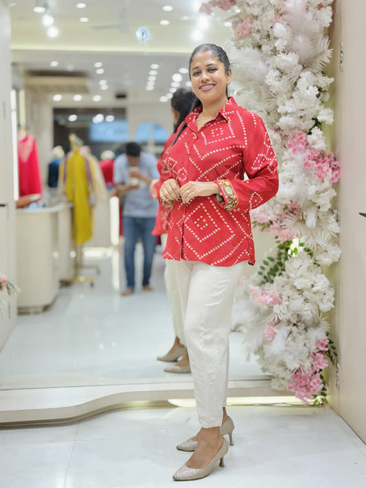 Crimson Red Crepe Printed Shirt for Women