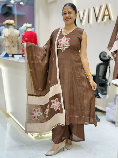 Coffee Brown Mull Chanderi Embroidered Suit Set