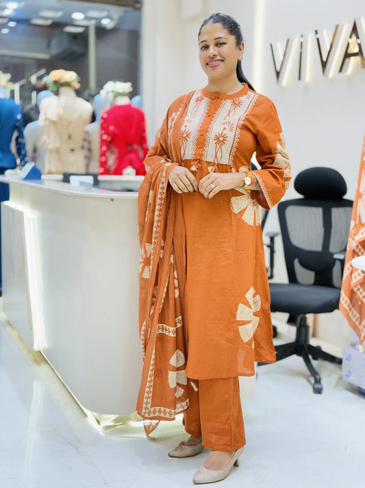 Rust Orange Floral Cotton Fabric Suit Set with Dupatta
