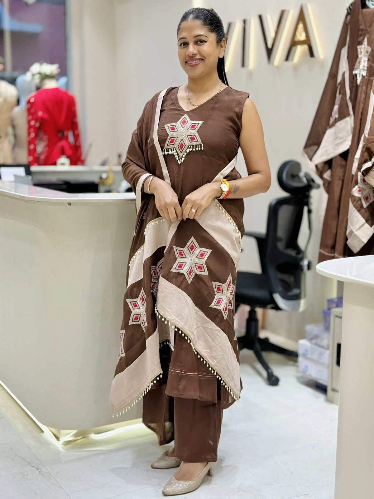 Coffee Brown Mull Chanderi Embroidered Suit Set