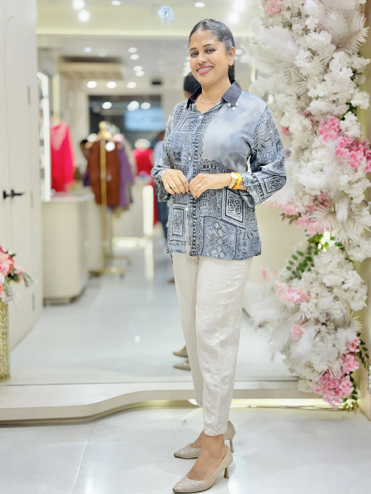 Slate Grey Crepe Printed Shirt for Women