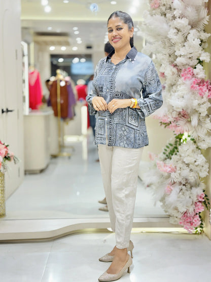 Slate Grey Crepe Printed Shirt for Women