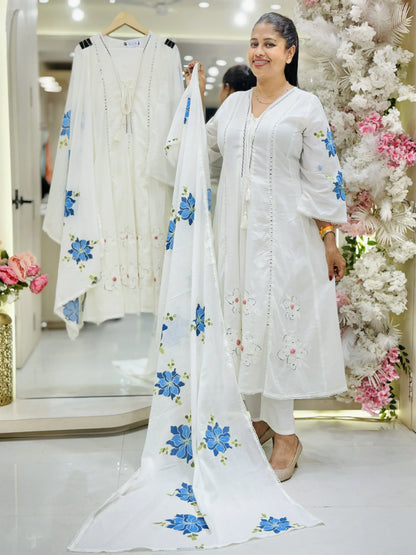 White Blue Floral Cotton Suit Set